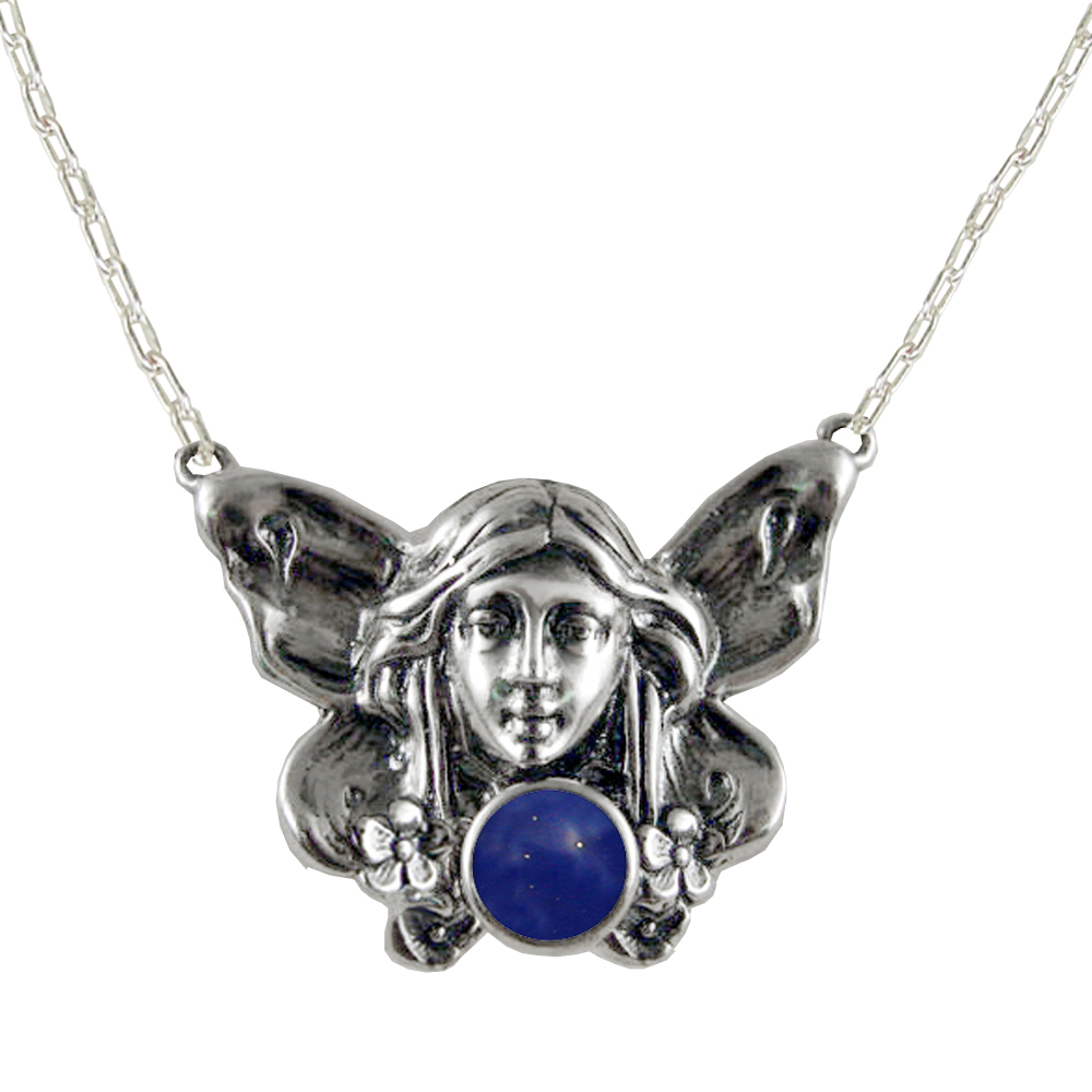 Sterling Silver Winged Fairy Aromatherapy Pendant Necklace With Lapis Lazuli